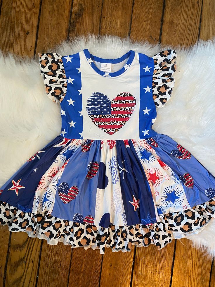 Cusom Moq 3 July 4th Flag Leoaprd Heart Blue Star Flutter Sleeve Girls Dress