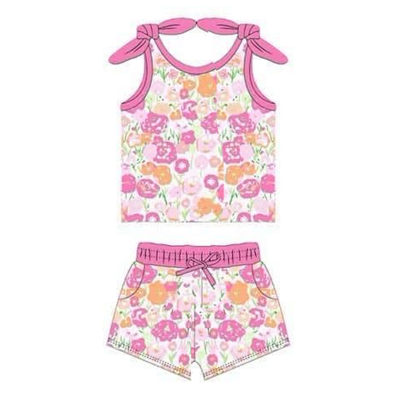 preorder hot pink flowers Summer sleeveless shorts girls set