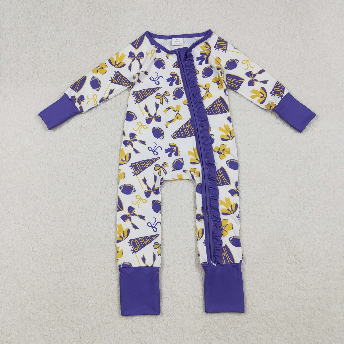 LR2513 cheer purple golden football bows zipper long sleeve girls romper