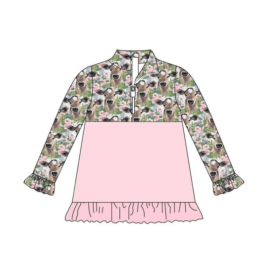 Custom S 8.15 Cow flowers pink long sleeve girls top