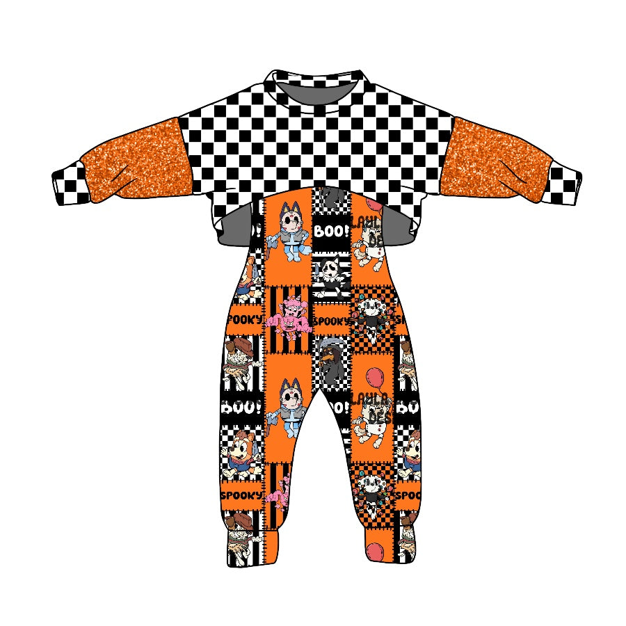 custom S 8.4 Halloween dog orange long sleeve blue jumpsuits girls set