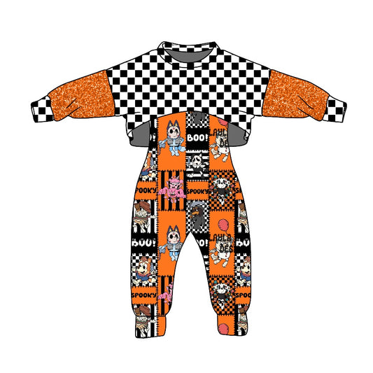 custom S 8.4 Halloween dog orange long sleeve blue jumpsuits girls set