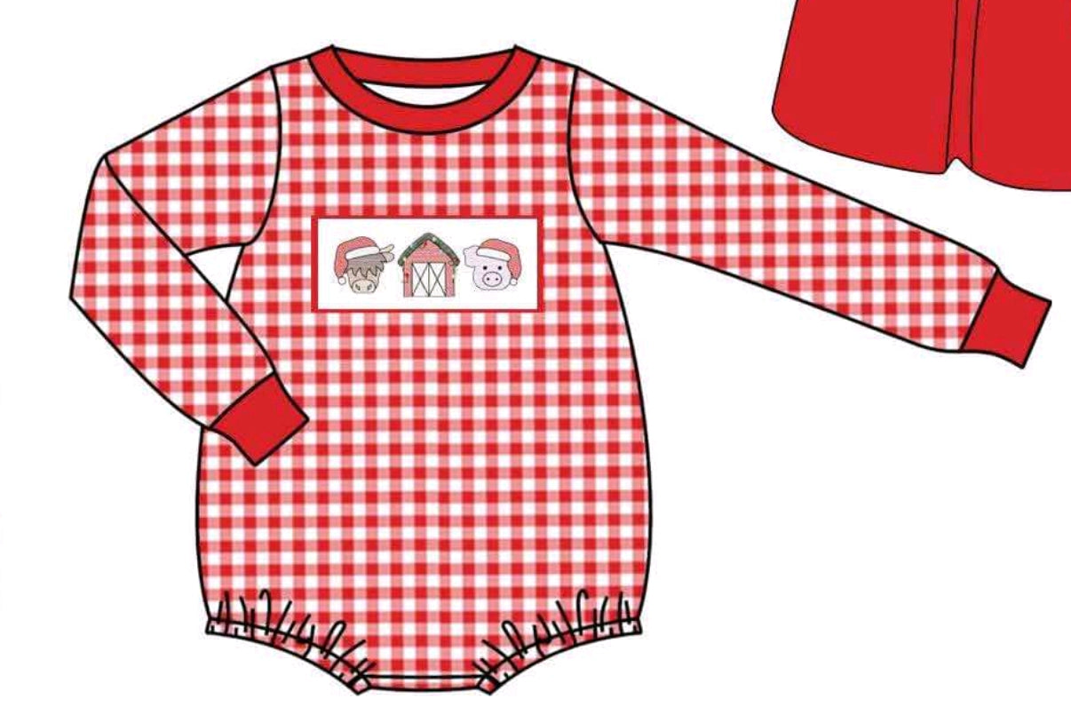 custom moq 3 Christmas farm house animals red checkered long sleeve boys romper