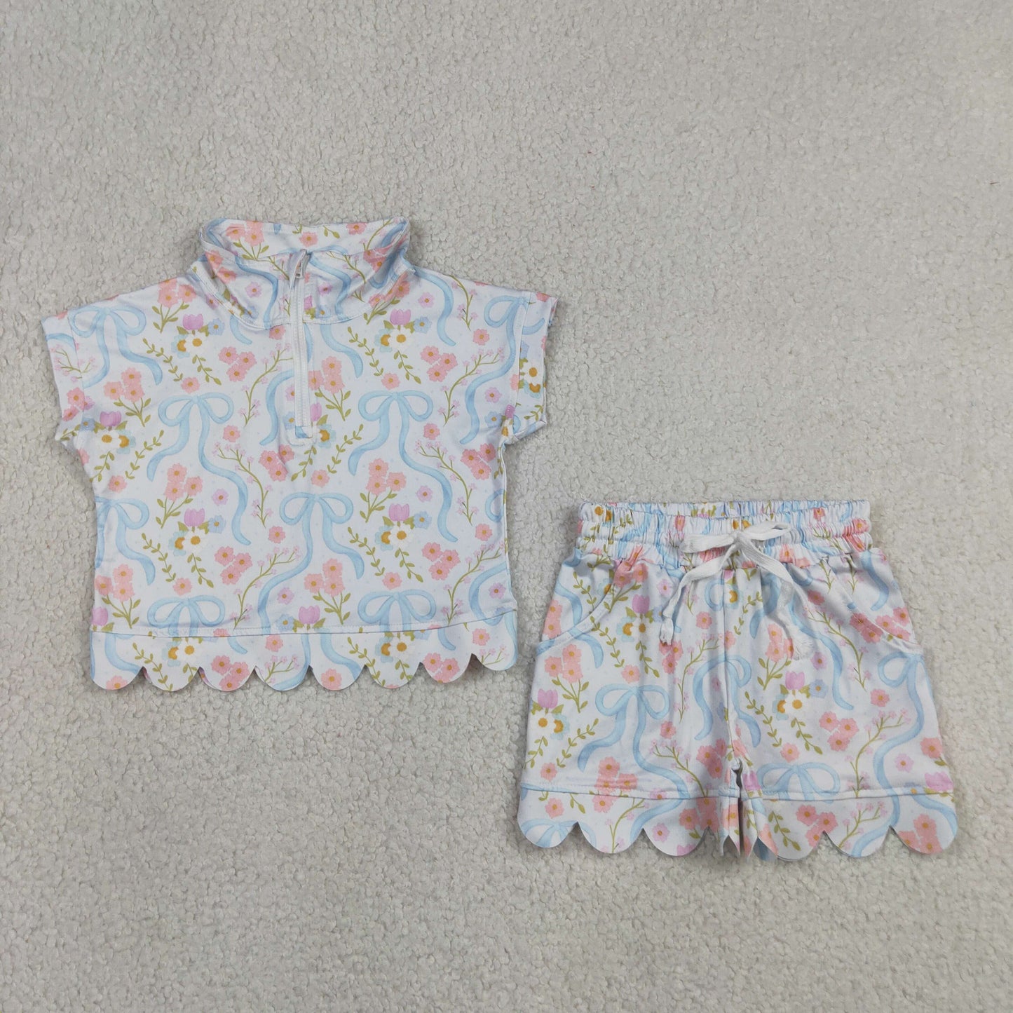 GSSO3575 Scallop Flowers Short Sleeve Shorts Girls Set