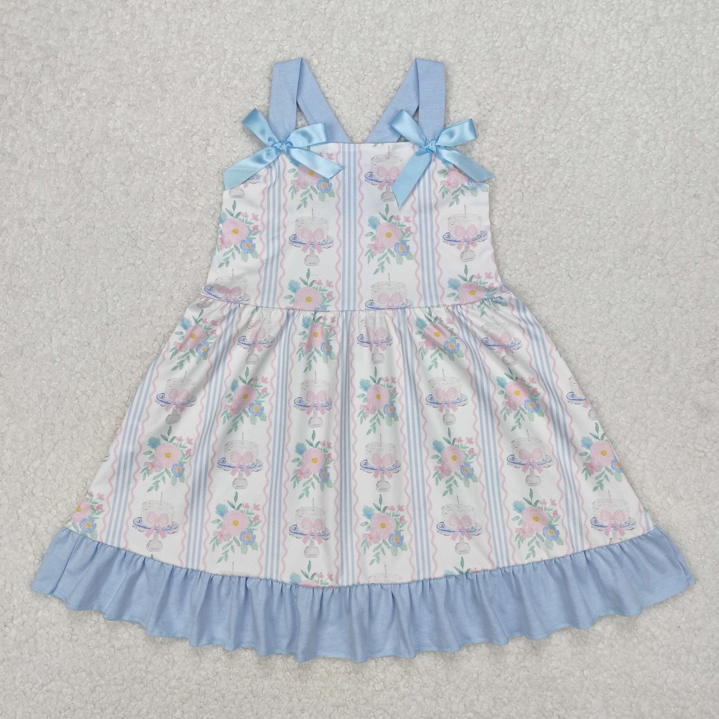 GSD1946 pink flowers blue bows girls dress
