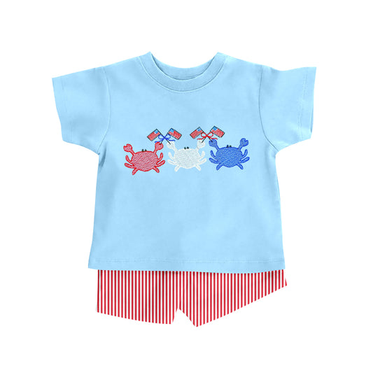 Custom July 4th crab blue short sleeve red striped shorts boys set moq 3