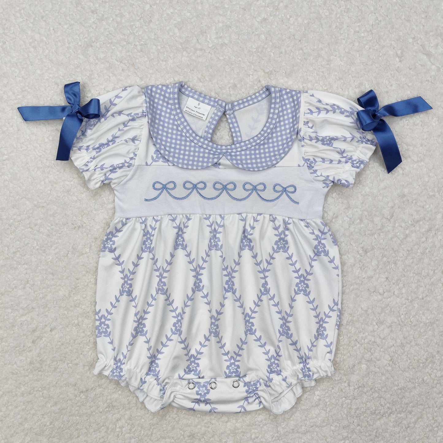 embroidery SR2146 cute bows flowers blue short sleeve girls romper