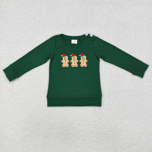 embroidery BT0817 Christmas gingerbrad man dark green long sleeve boys pullover