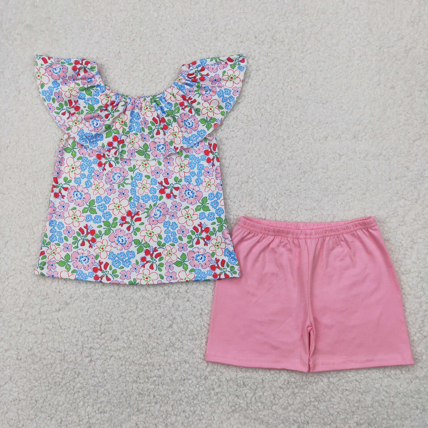 GSSO2277 colorful flowers flutter sleeve pink shorts girls set