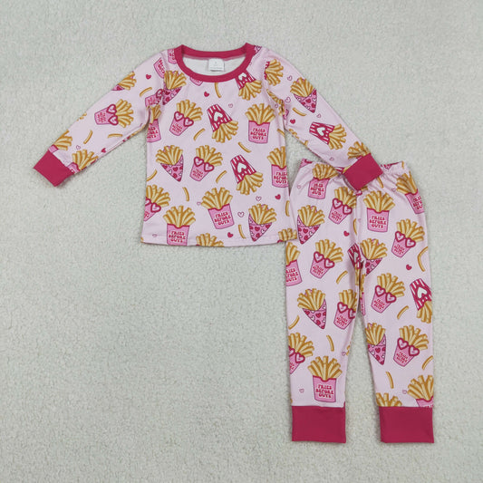 GLP3065 Valentine's Day heart chips hot pink long sleeve pants girls pajamas