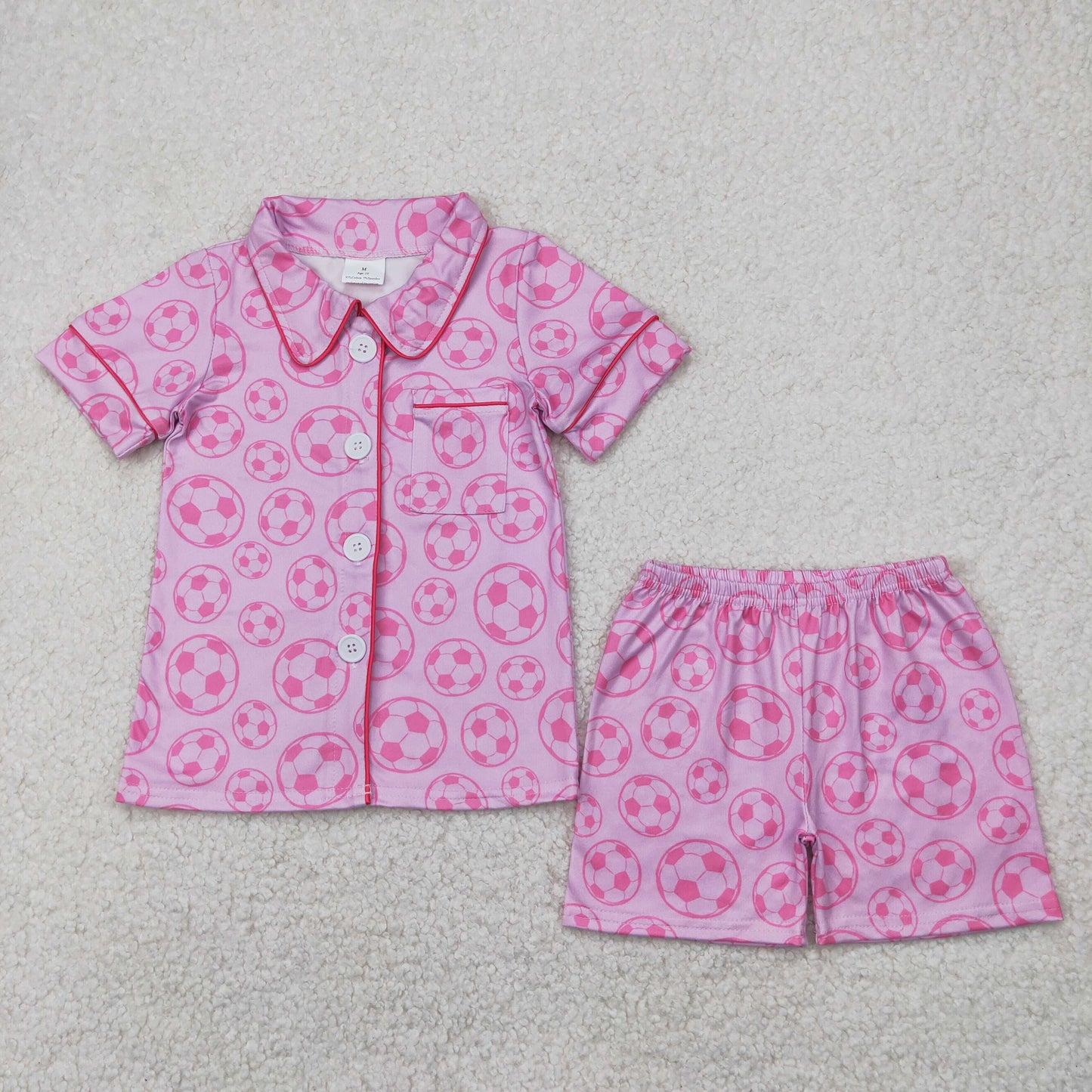 GSSO1957 Soocer Pink Pocket Short Sleeve Shorts Girls Buttons Pajamas