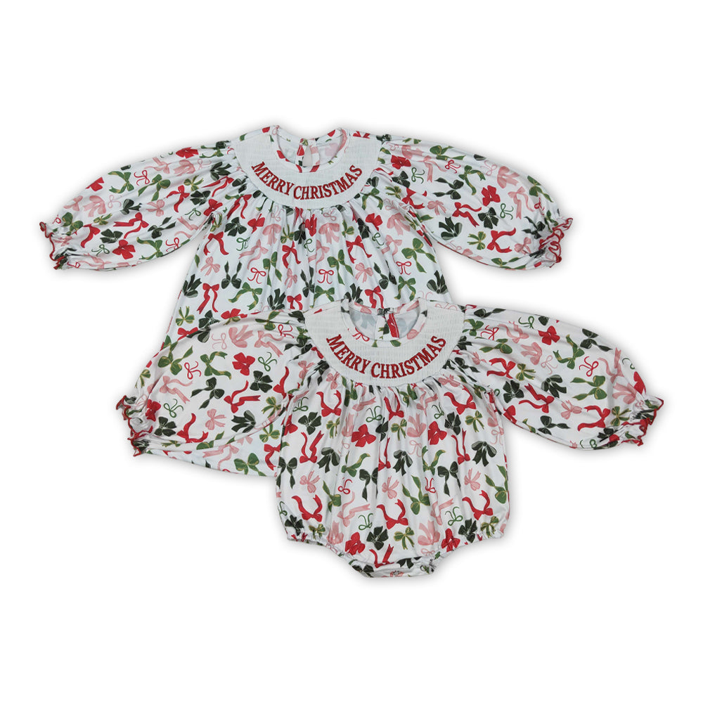 Smocked embroidery Merry Christmas bows RTS Sibling Clothes