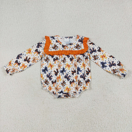 LR2207 Halloween orange black bows ruffles long sleeve girls romper