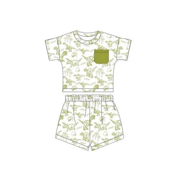 custom moq 3 cute dinosaur green pocket short sleeve shorts boys set