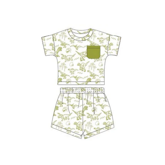 custom moq 3 cute dinosaur green pocket short sleeve shorts boys set