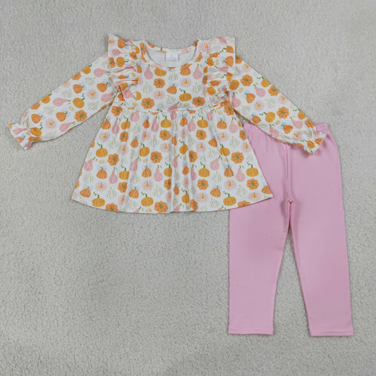 GLP3408 Pumpkin Flowers Long Sleeve Pink Pants Girls Set