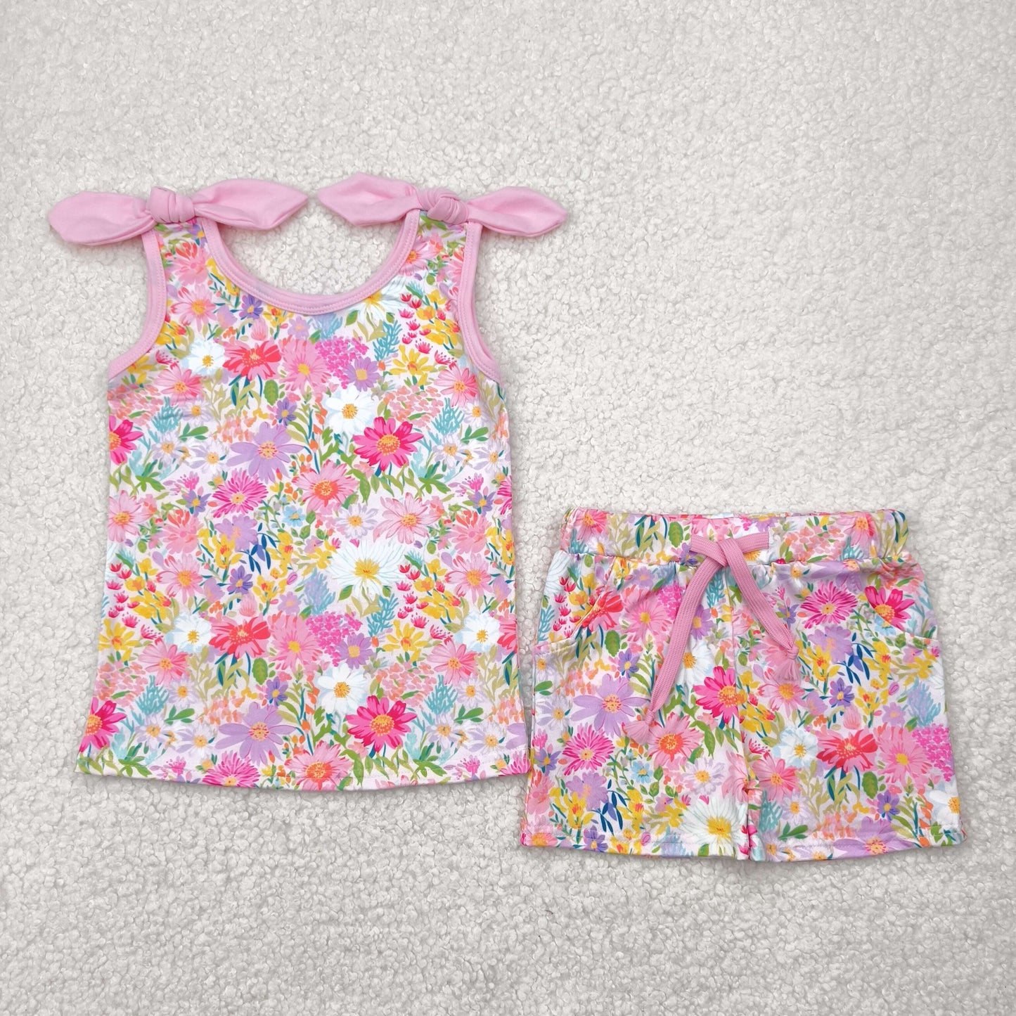 GSSO2551 colorful flowers pink sleeveless shorts girls set