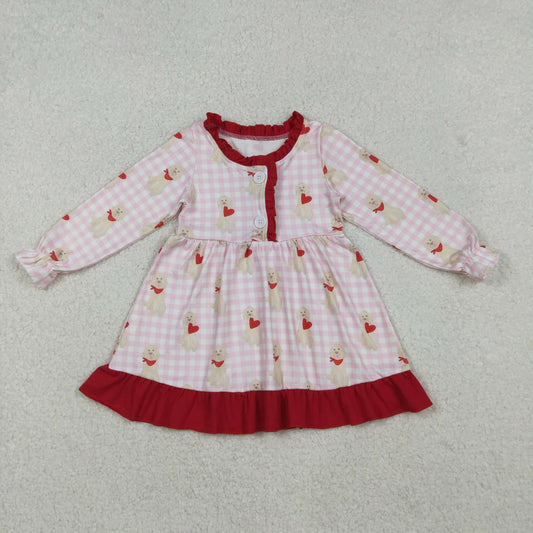 GLD1322 Valentine's Day dog heart pink checkered long sleeve girls dress