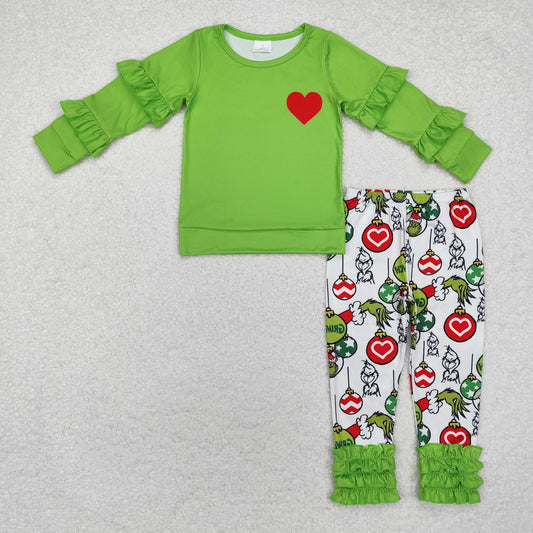 GLP2089 Christmas green face heart long sleeve ruffles pants girls set