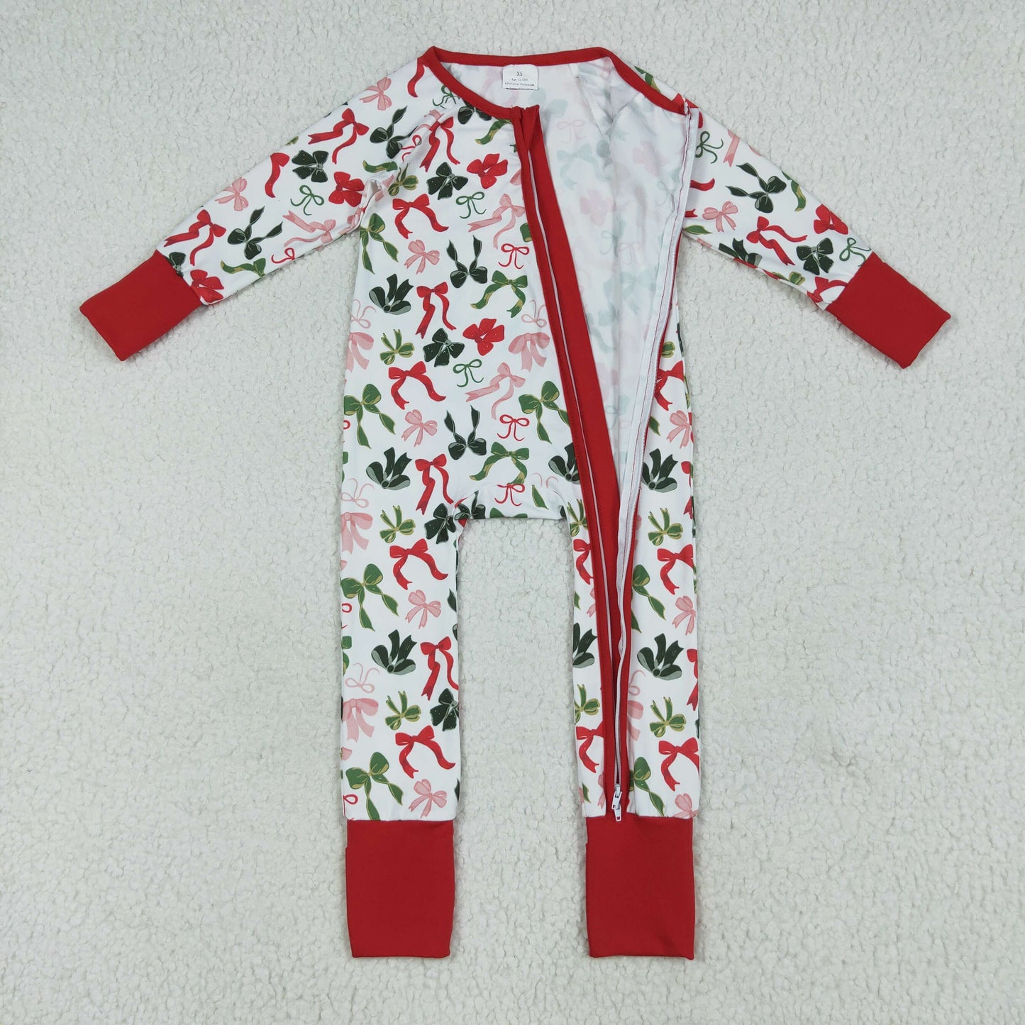 Custom moq 20 bamboo Christmas green bows zipper long sleeve girls romper