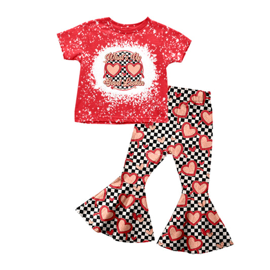 preorder GSPO1143 Valentine's Day heart red short sleeve black checkered pants girls set