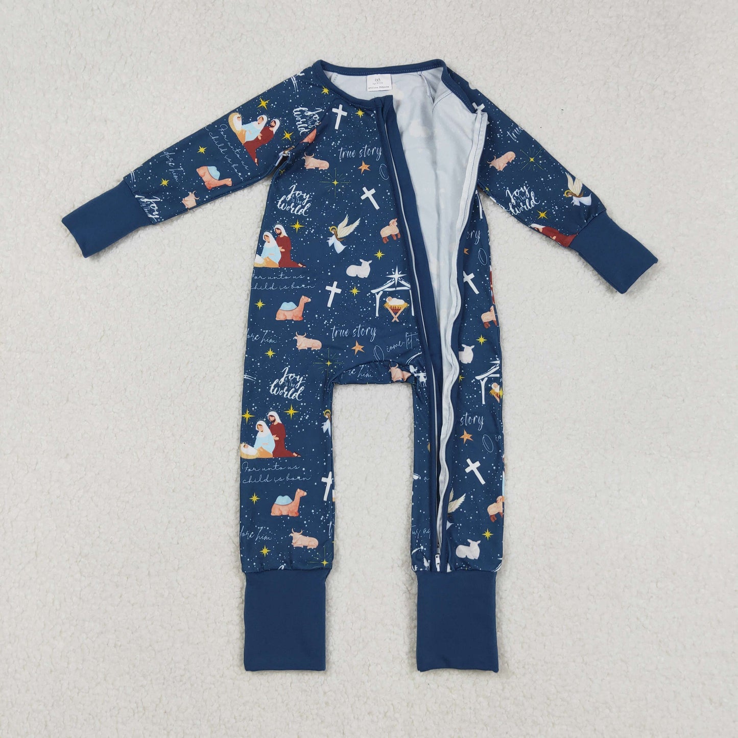 LR2504 The Nativity Story blue long sleeve zipper boys romper