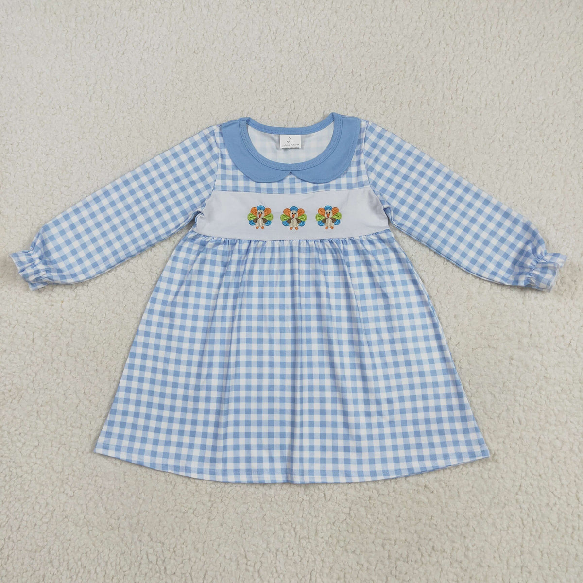 GLD1070 Embroidery turkey blue checkered long sleeve girls dress