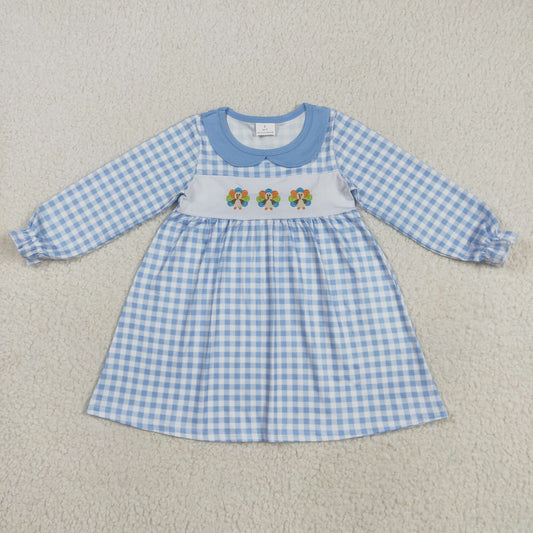 GLD1070 Embroidery turkey blue checkered long sleeve girls dress