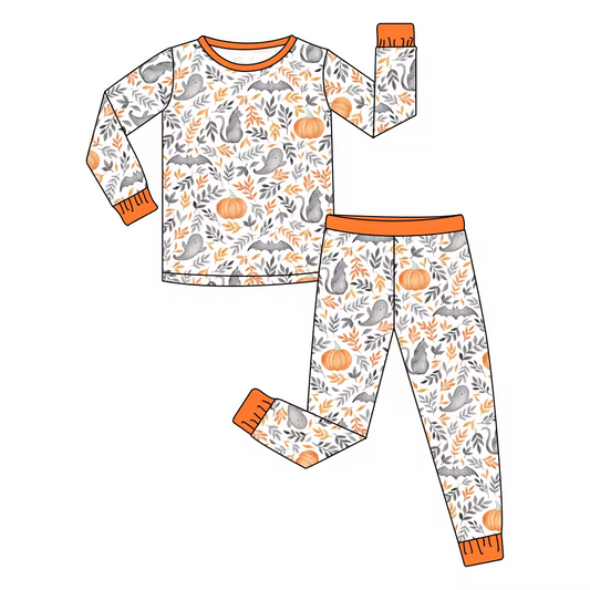 custom Halloween spooky pumpkin cat orange long sleeve pants boys pajamas