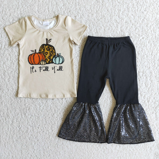 A0-11 Leopard pumpkin short sleeve black sequin pants girls set