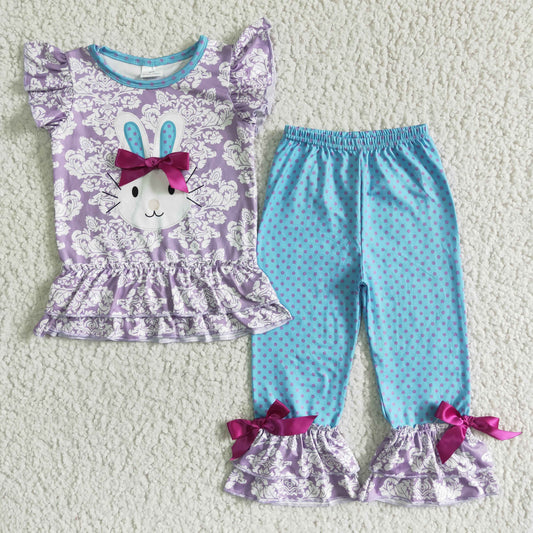 Easter Rabbits purple flutter sleeve blue pants girls set