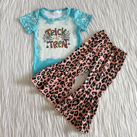 A0-24 Halloween trick tren blue short sleeve leopard pants girls set