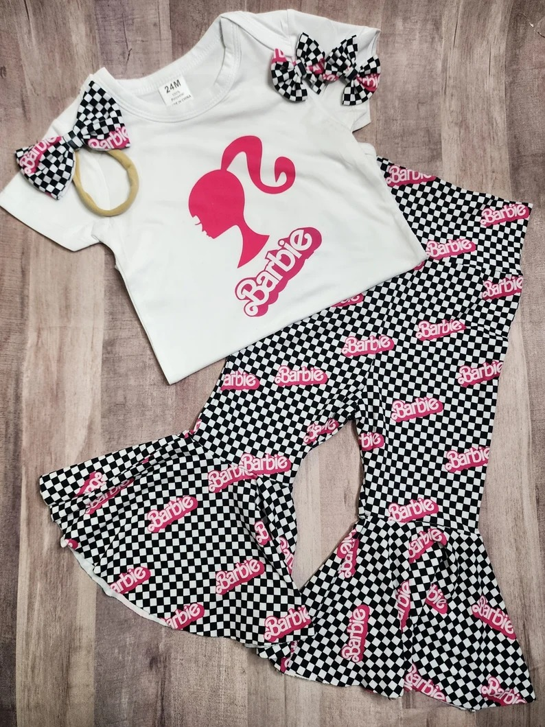 preorder GSPO0877 BA White short sleeve black plaid pants girls set