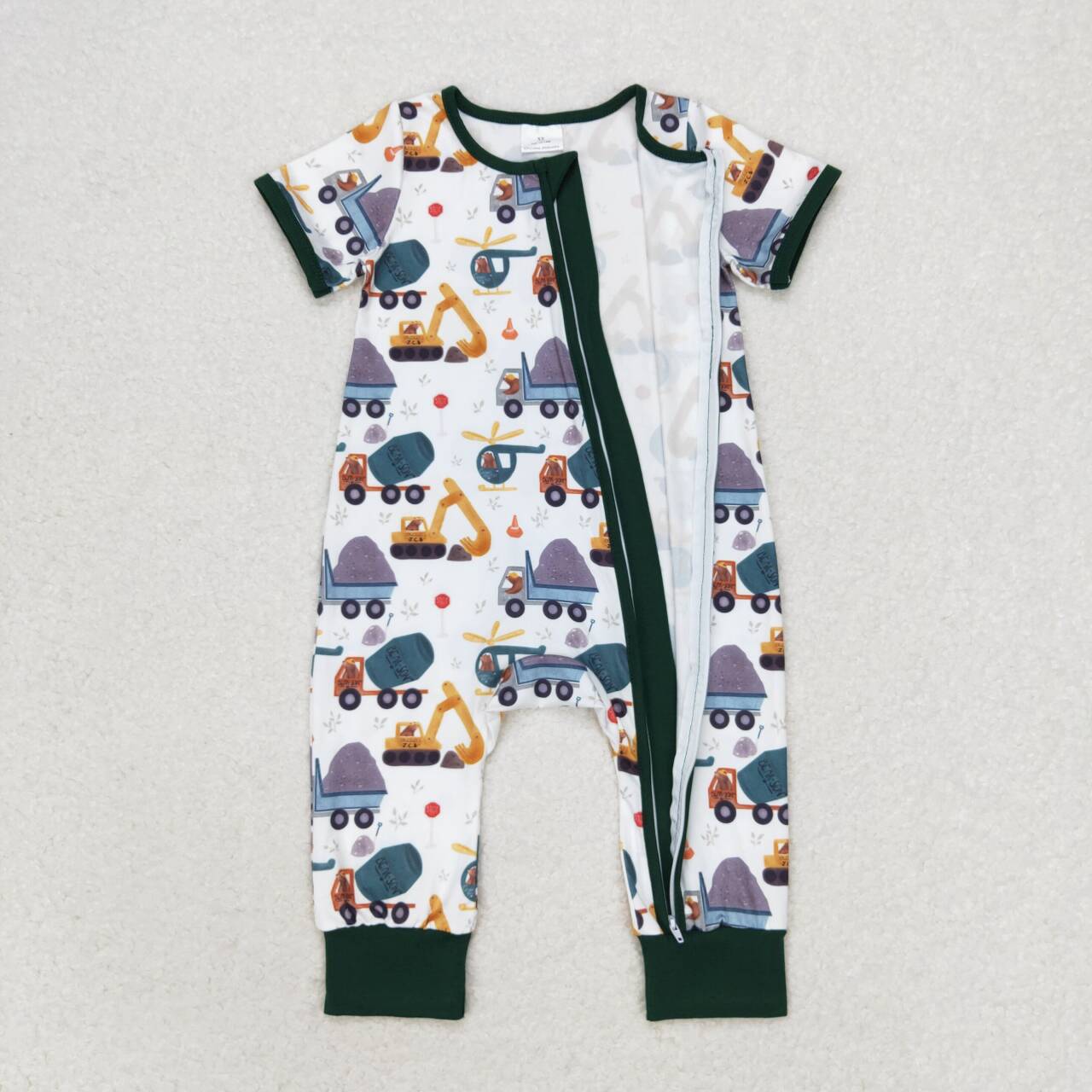 SR0850 Construction Truck Green Short Sleeve Zipper Kids Romper