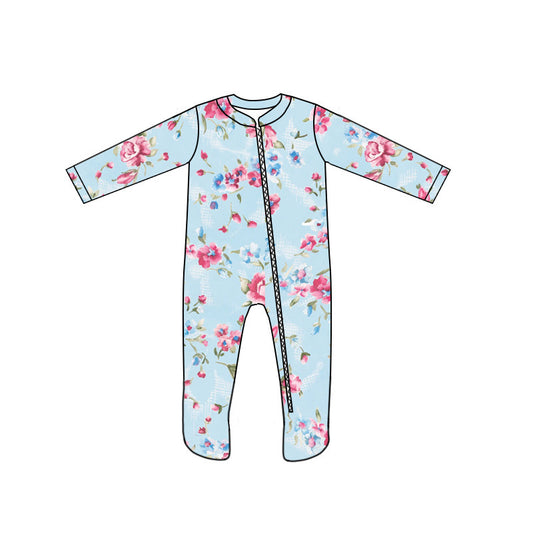 custom style flowers blue 1 long sleeve girls romper