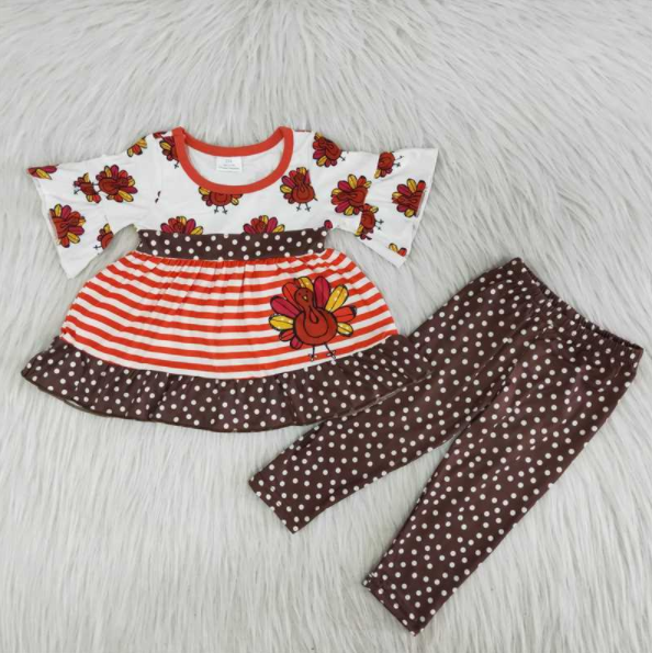 A1-16 Thanksgiving turkey red striped long sleeve brown dot pants girls set