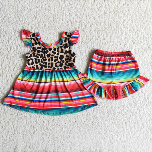 A1-3 Leopard Rainbow Striped Flutter Sleeve Shorts Girls Set