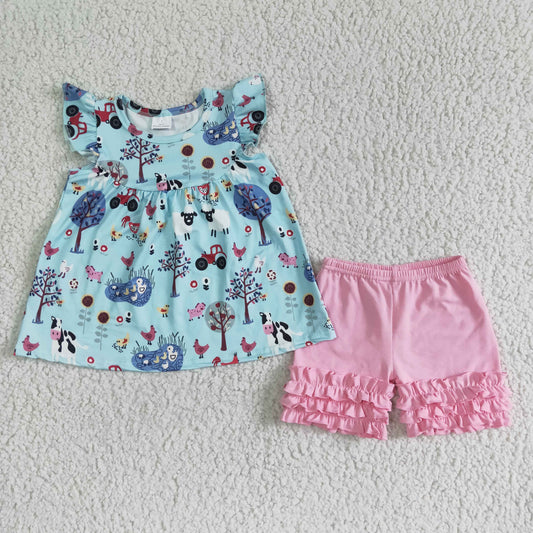 A10-14 Farm Life Flutter Sleeve Casual Pink Shorts Set