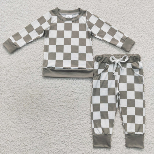 BLP0272 Green plaid long sleeve pants girls set