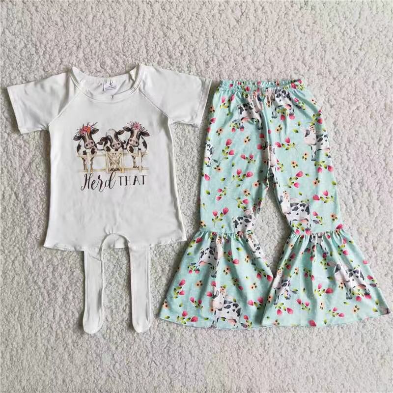 A12-15 that cow flowers short sleeve blue flowers pants girls set