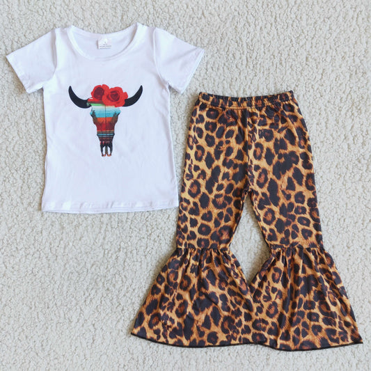 A15-14 Cow white short sleeve leopard pants girls set