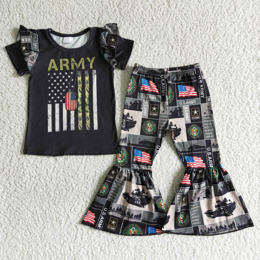 A16-16 ARMY July 4th black short sleeve pants girls set