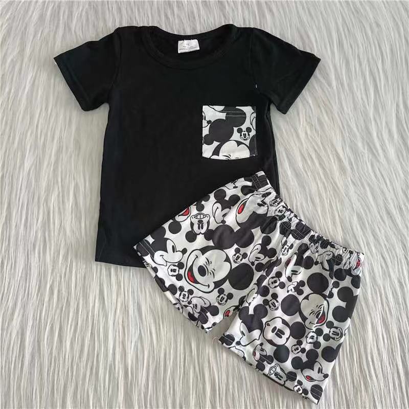 A16-24 cartoon M black pocket short sleeve shorts boys set