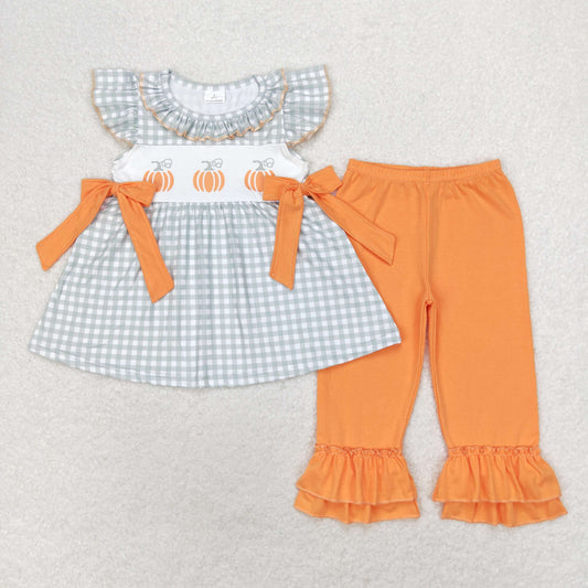 GSPO1533 Autumn pumpkin green checkered flutter sleeve orange pants girls set