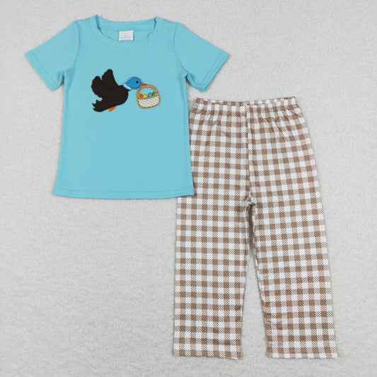BSPO0216 Mallard egg blue short sleeve brown checkered pants boys set