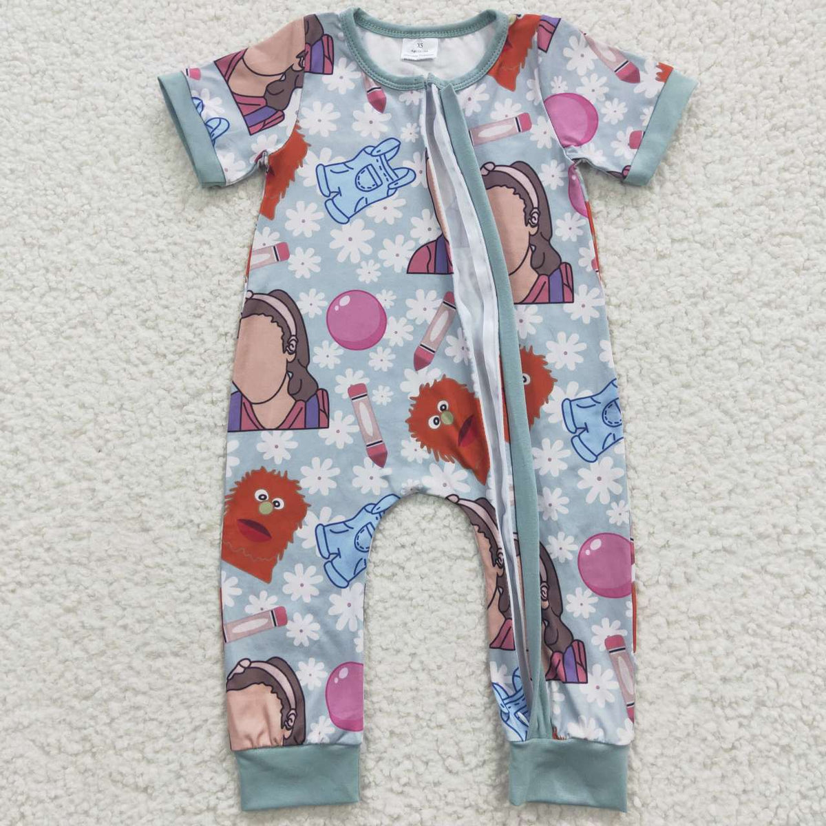 SR0347 Teacher Short Sleeve Cartoon Zip Romper