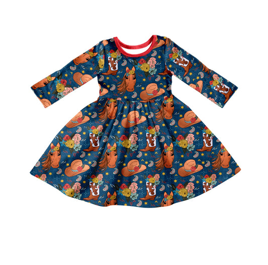 preorder GLD0398 Western horse flowers hat long sleeve girls dress
