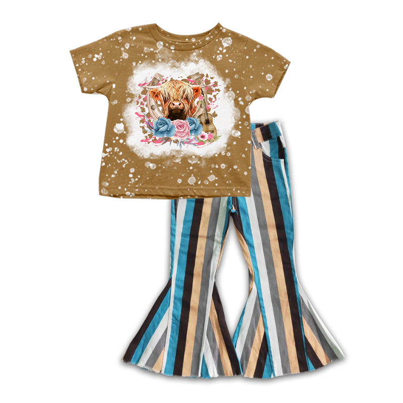 preorder GSPO0875 Highland cow flowers brown short sleeve blue striped denim pants girls set