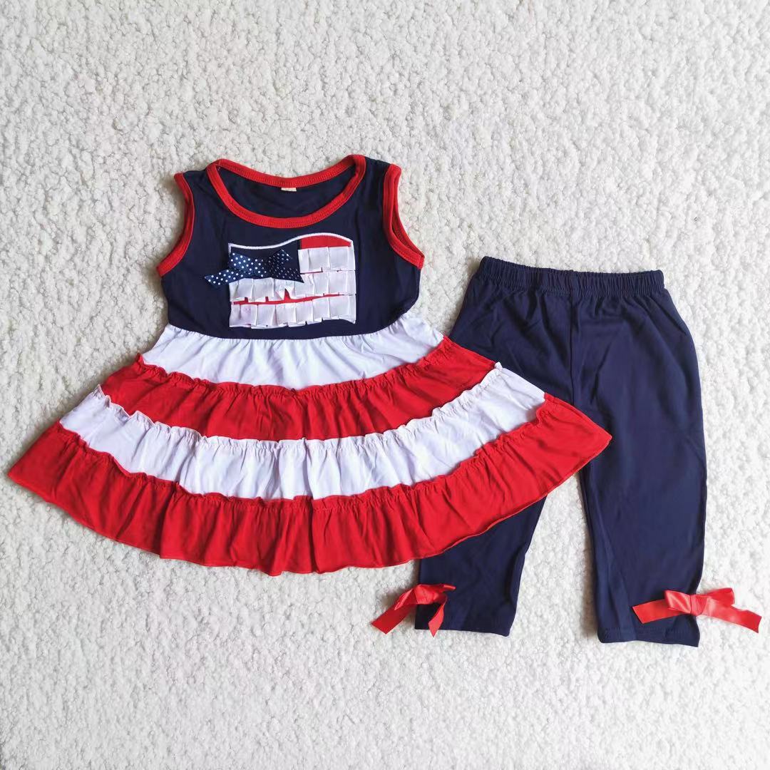 A4-17 July 4th flag red striped sleeveless navy blue pants girls set