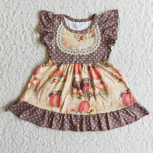 A4-24 Sunflower pimpkin brown flutter sleeve girls dress